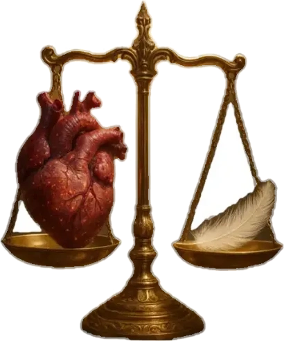 An antique balance scale weighing an anatomical heart against a feather