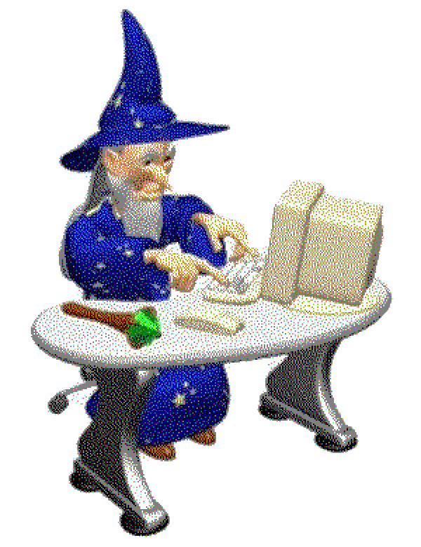 A retro pixel wizard typing at a computer