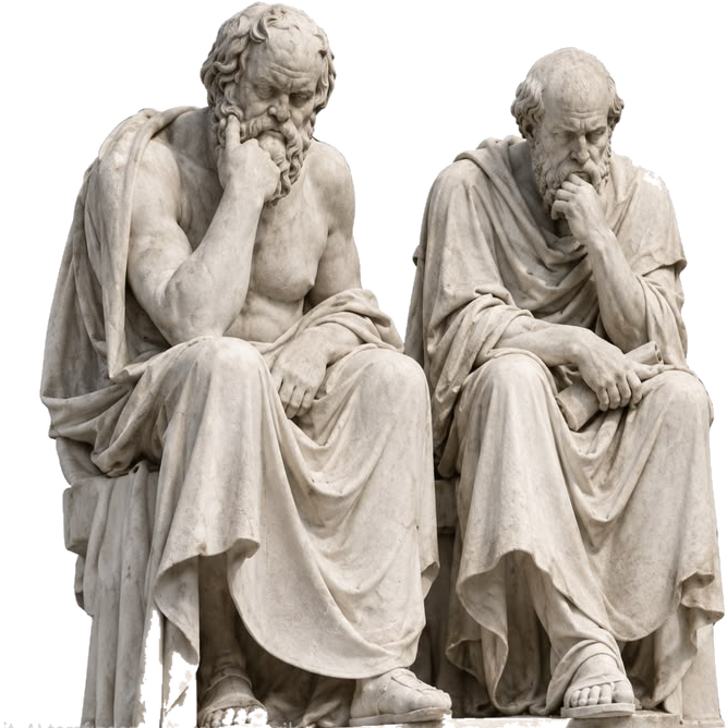 Socrates and Plato seated in marble, deep in thought